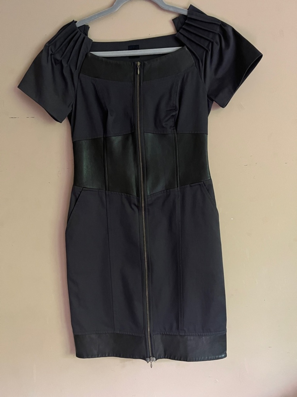 Network dark brown zip front fitted dress with faux leather detail.